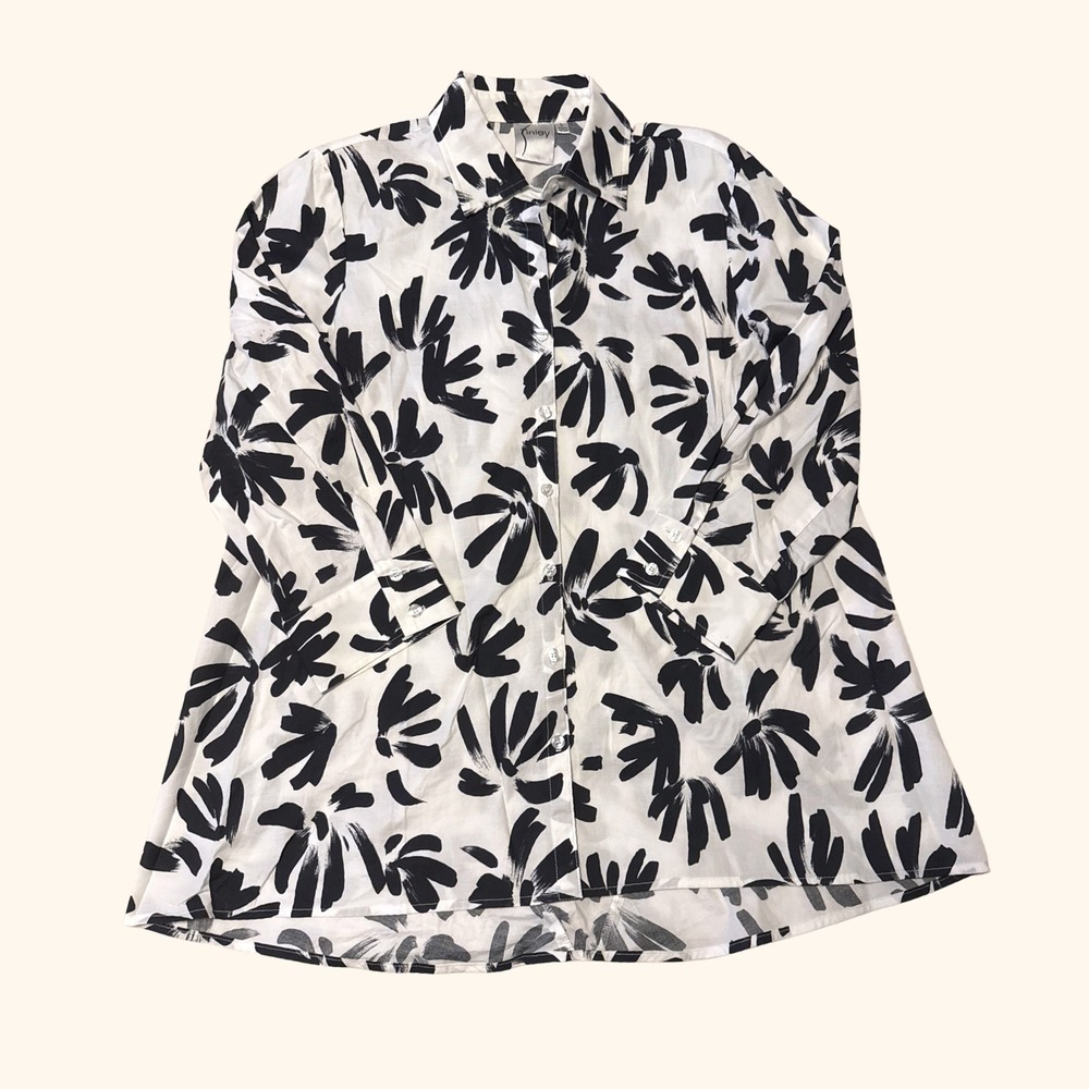 Finley Womens Large Black White Abstract Floral Button Down Tunic Shirt USA Made